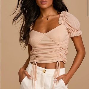 Lulus Start the Trend Beige Mesh Ruched Short Sleeve Top